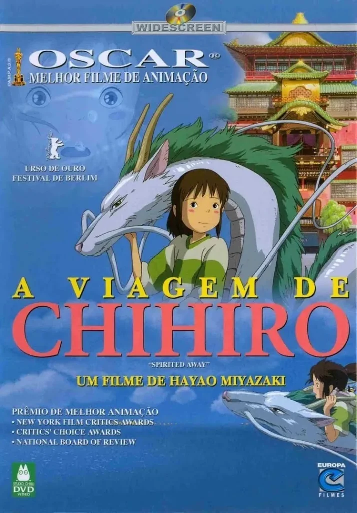 Cena icônica de "A Viagem de Chihiro" mostrando Chihiro e Haku voando sobre um panorama místico.