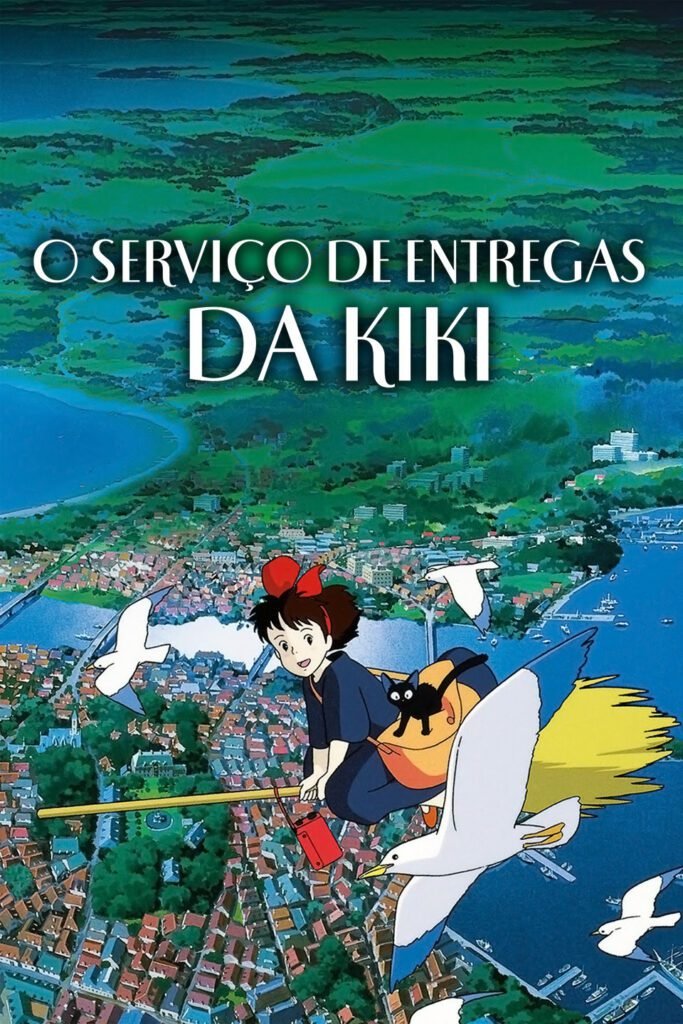 Kiki voando em sua vassoura acima da cidade com seu gato Jiji, em "O Serviço de Entregas da Kiki".